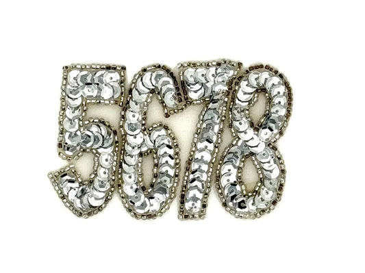 Silver Sequined Embroidered Patch Features the Numbers "5678"- 3" x 2"