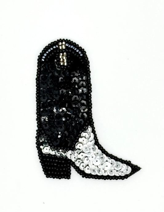 Cowboy Boot with Silver and Black Sequins and Beads 3.25" x 2.5"