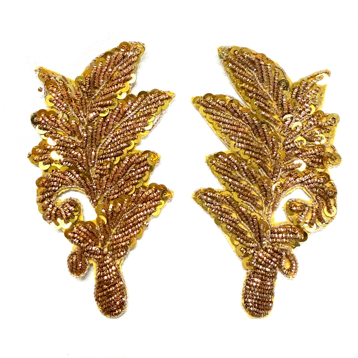 Leaf Pair or Single Appliqué - Metallic Gold Sequins - Gold Bullion Thread 3.5" x 2.25"