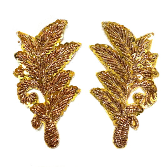 Leaf Pair or Single Appliqué - Metallic Gold Sequins - Gold Bullion Thread 3.5" x 2.25"