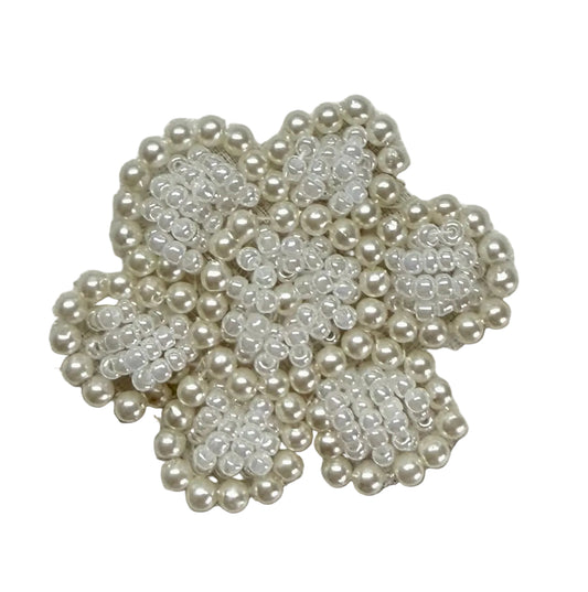 Flower Appliqué – White Pearls & Glass Beads | 1.5" × 1.5"