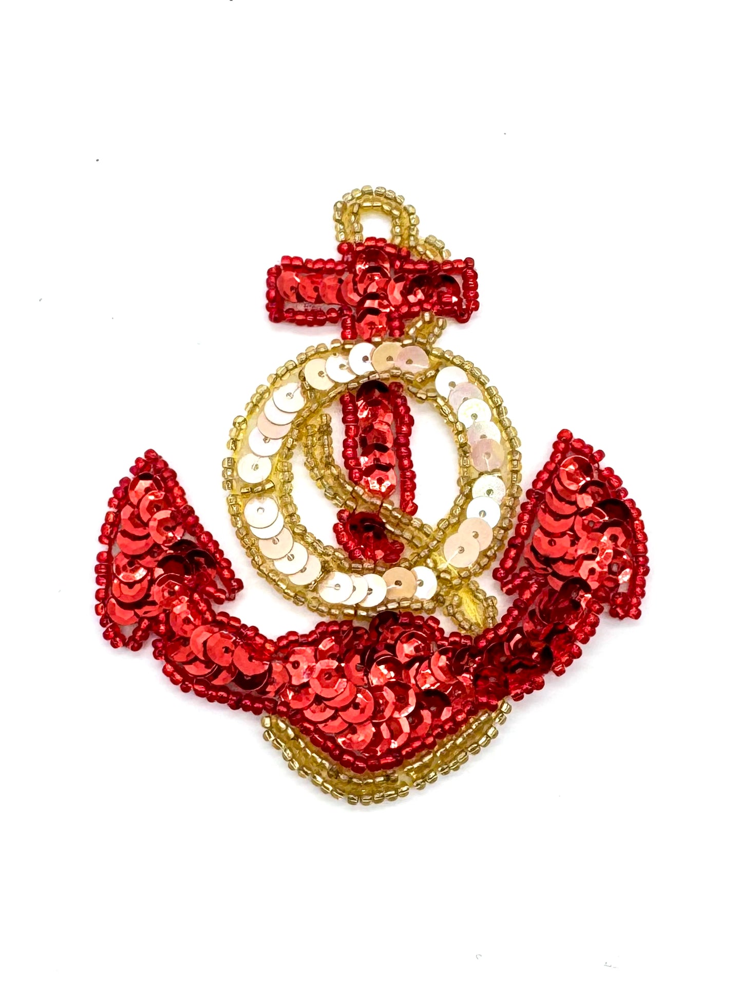 Anchor with Red and Iridescent Cream Sequins Gold Beads 3.5" x 3"