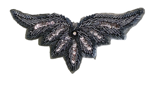 Designer Motif - Wing Shaped -Gray Sequins/Beads - Choice Center Rhinestone 7.5" x 3"