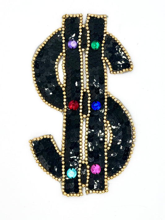 Dollar Sign with Black Sequins, Gold Beads and Multicolored Rhinestones 6" x 3.5"