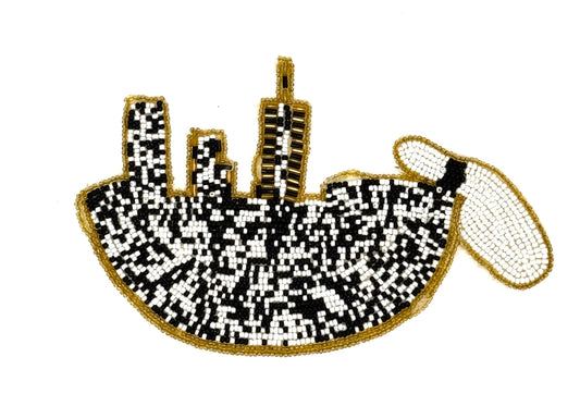 Bowling Pin Appliqué - Gold/White/Black Glass and Bugle Beads 7" x 4.5"