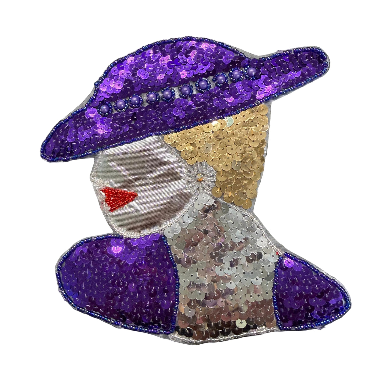 Lady's Face - Facing Left - Purple Hat with AB Rhinestone - Choice of Size 7" x 6.75" or 4.5" x 4.25"