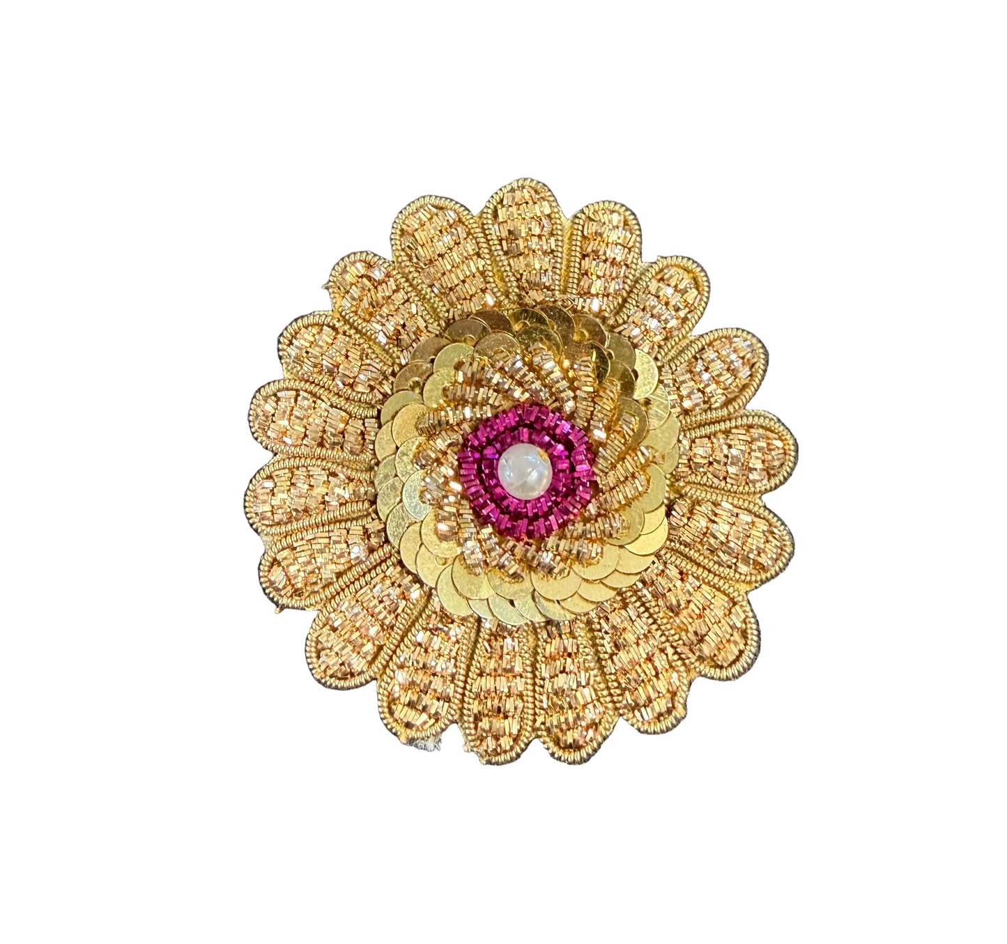 Designer Motif - Bullion  -Gold Sequins - Gold/Fuchsia Beads - Pearl Center 2”x 2”