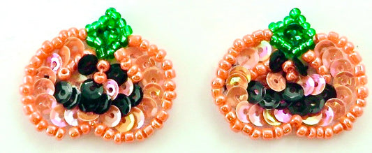 Pumpkin Pair with Iridescent Orange Sequins and Green, Black and Orange Beads 1"