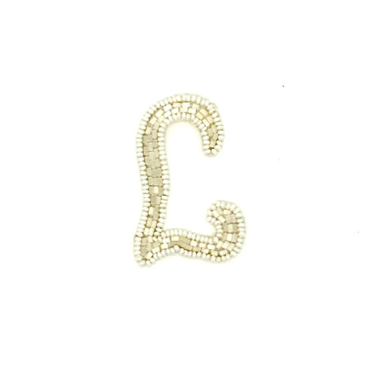 2.25” Letter L Appliqué - White/Iridescent Beads