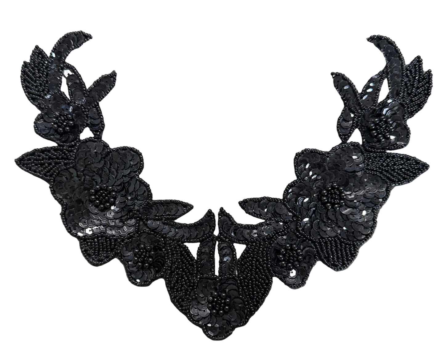 Designer Motif Flower Neckpiece - Black Sequins - Glass Beads 9" x 7"