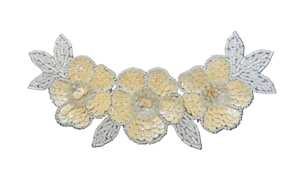 Triple Flower Accent - Iridescent Cream Sequins - White Bugle and Glass Beads 7" x 3.5”