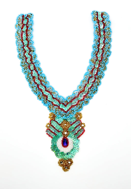 Stunning Designer Motif Neckpiece Appliqué with Turquoise Sequins and Red, Gold and White Beads SouthWest Design 10" x 6"