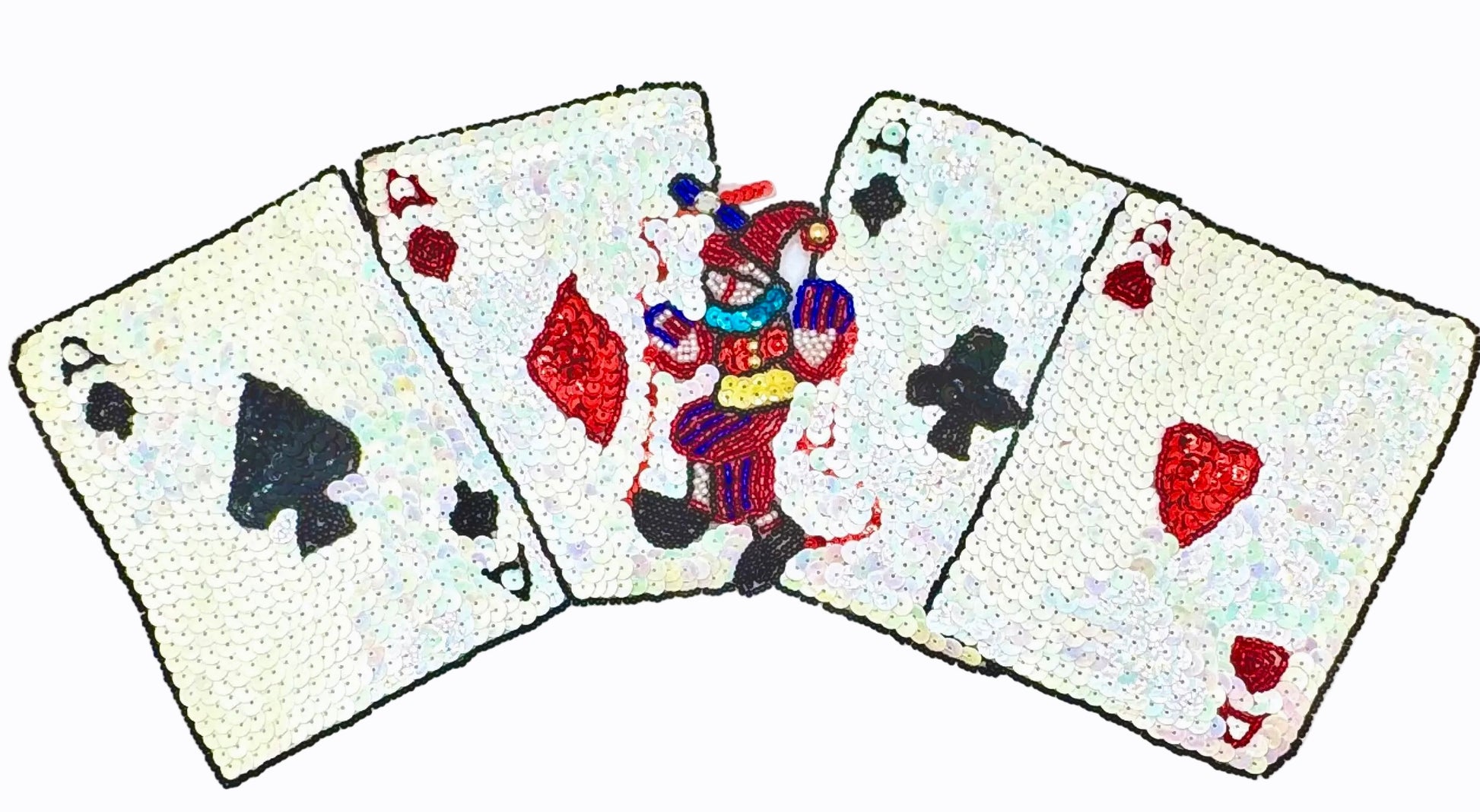 Four playing cards with joker design on a white background