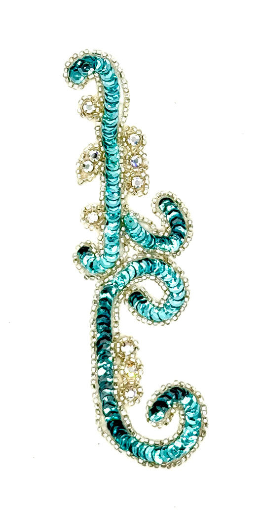 Vintage Designer Motif with Turquoise Sequins and 10 Rhinestones 6.5" x 2"