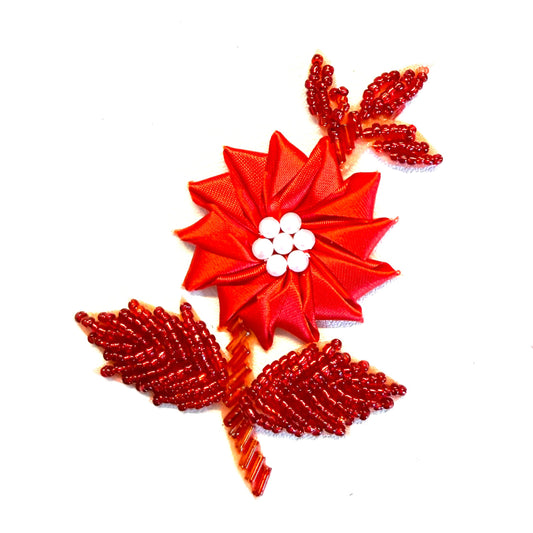 Red Satin Flower Appliqué with Beads & Pearls, 3.5″ × 2.75″