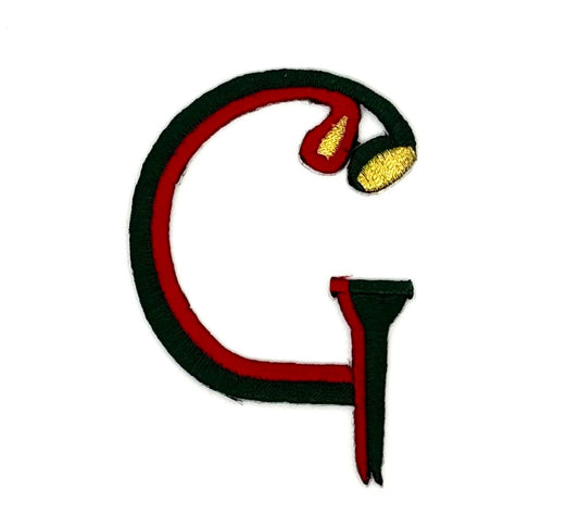 "G" de tee y palo de golf con bordado verde y rojo de 3.25" x 2.25"