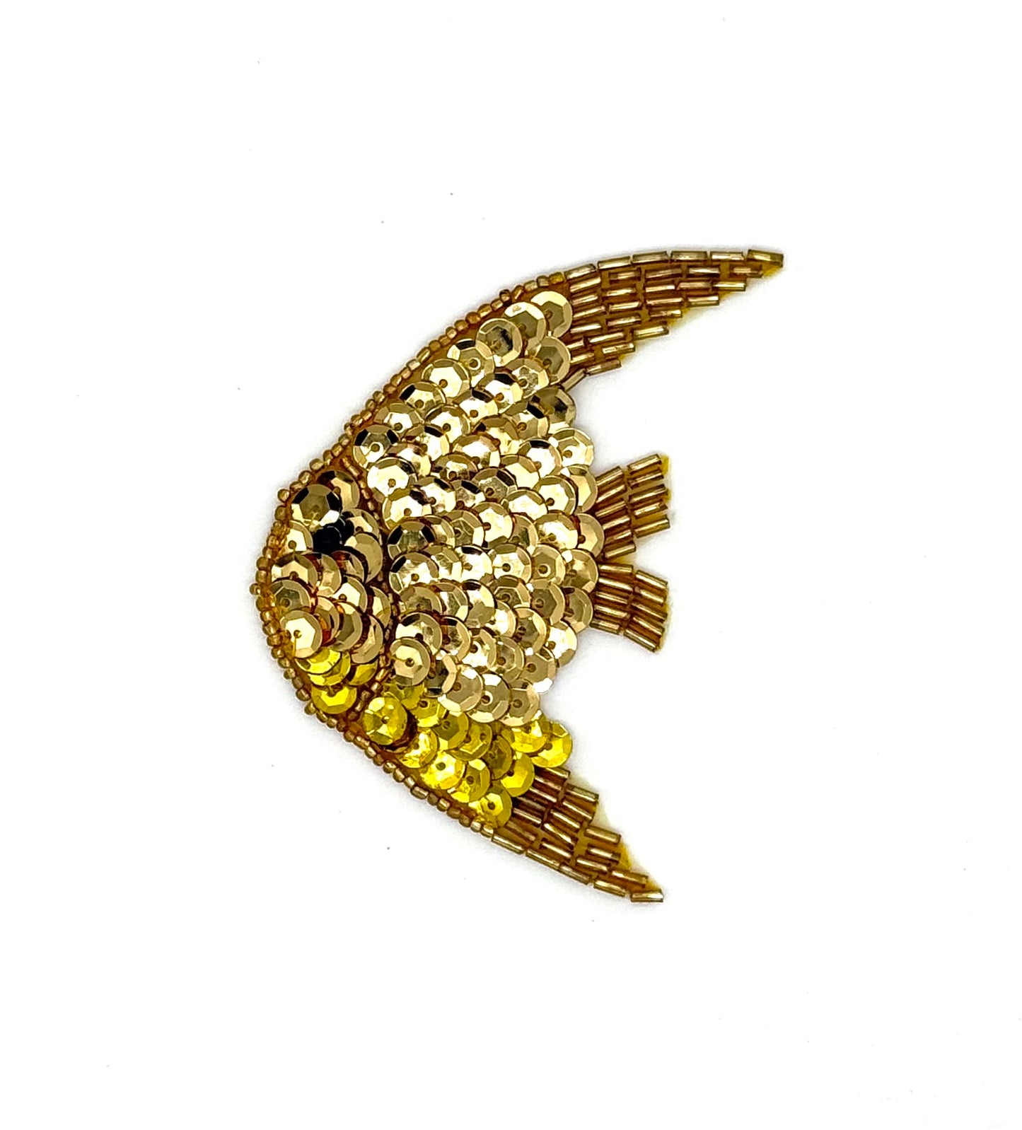 Fish Appliqué - Gold/Bright Gold Sequins - Gold/Black Glass Beads 3.5" x 2.5"
