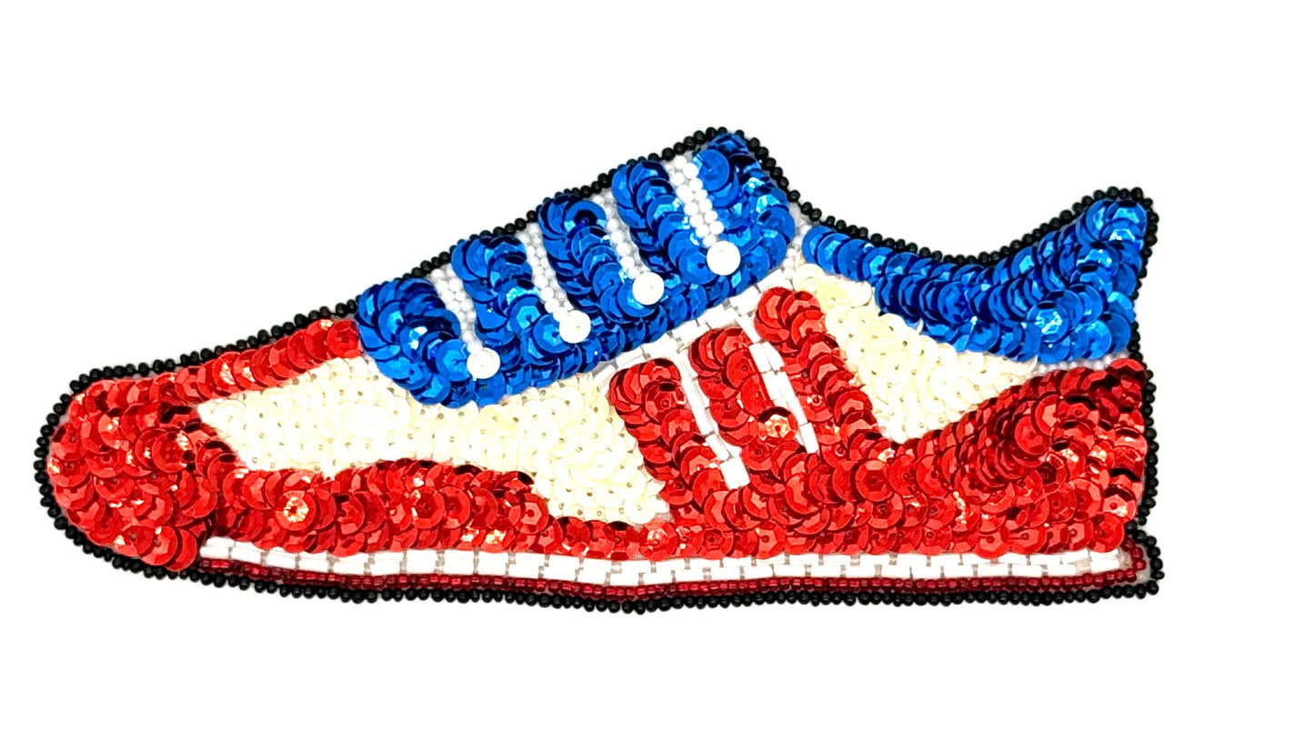 Zapato rojo, blanco, azul, beige, negro, lentejuelas y cuentas de 7" x 3"