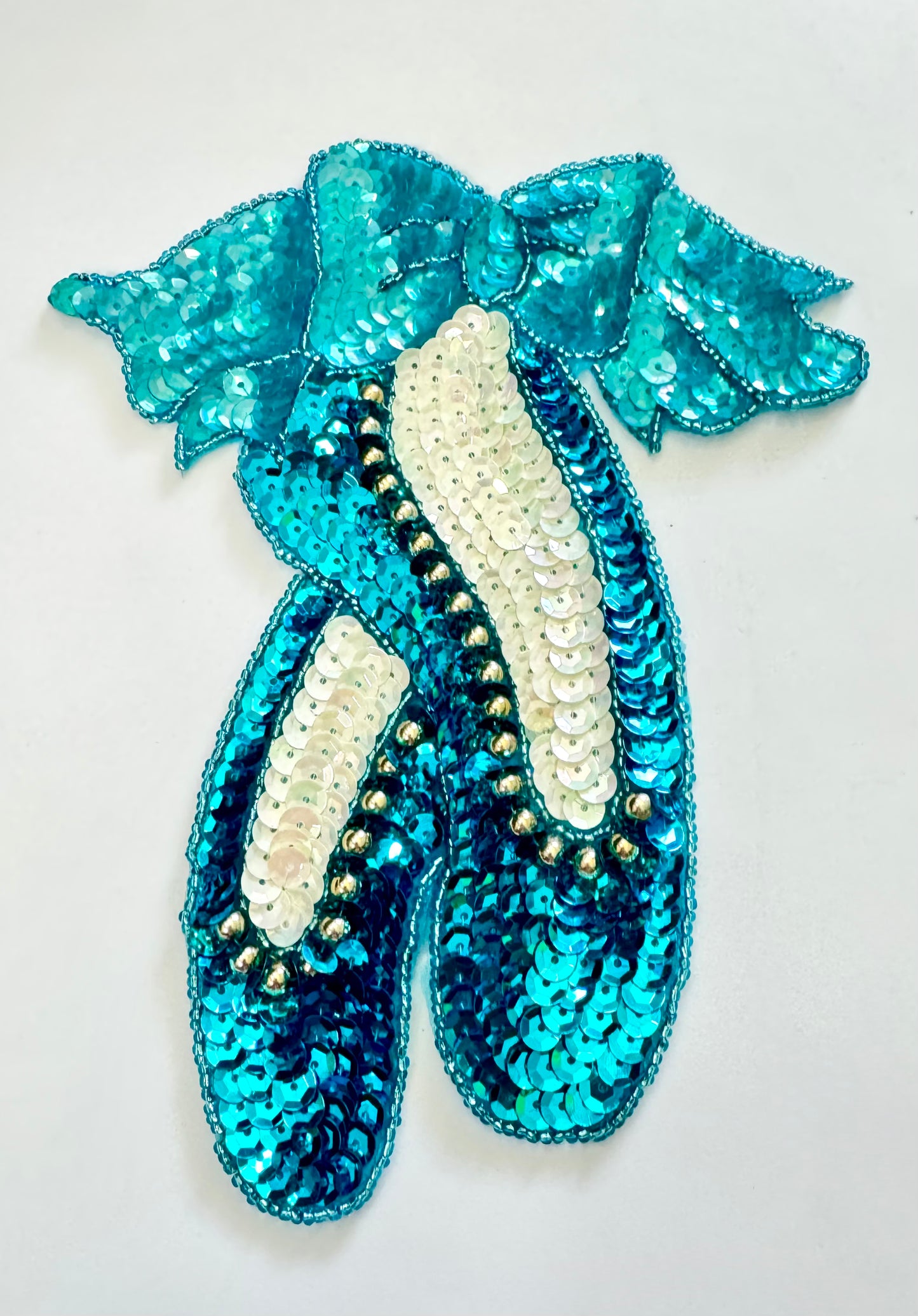 Ballet Slippers with Turquoise and Iridescent White Sequins and Gold and Turquoise Beads Large 7" x 6"