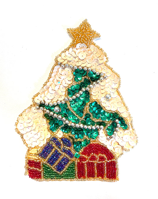 Christmas Tree Appliqué with Presents and Gold Star, Beige or Beige/White Sequins, 6" x 4"