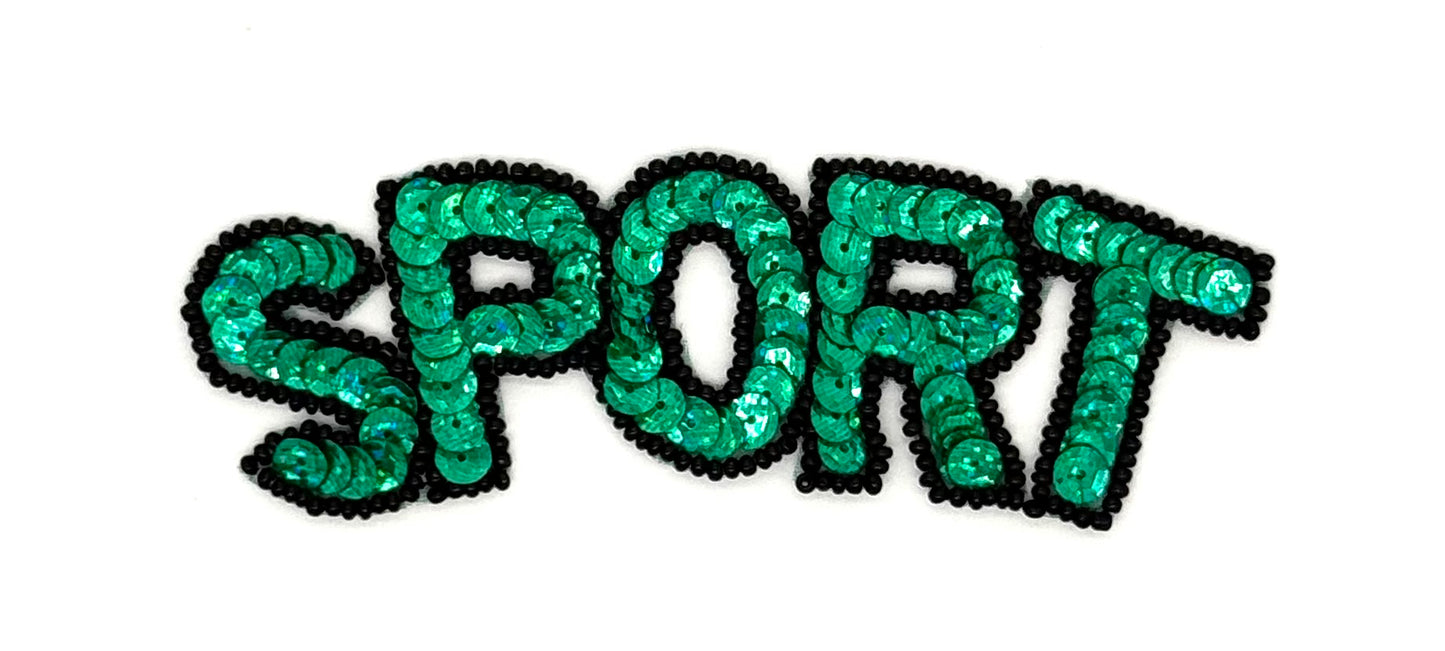 "Sport" Word - Green Sequins - Black Beads 5" x 1.5"