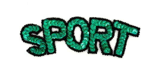 Deporte, la palabra, lentejuelas verdes, adorno de cuentas negras 1.5" x 5"