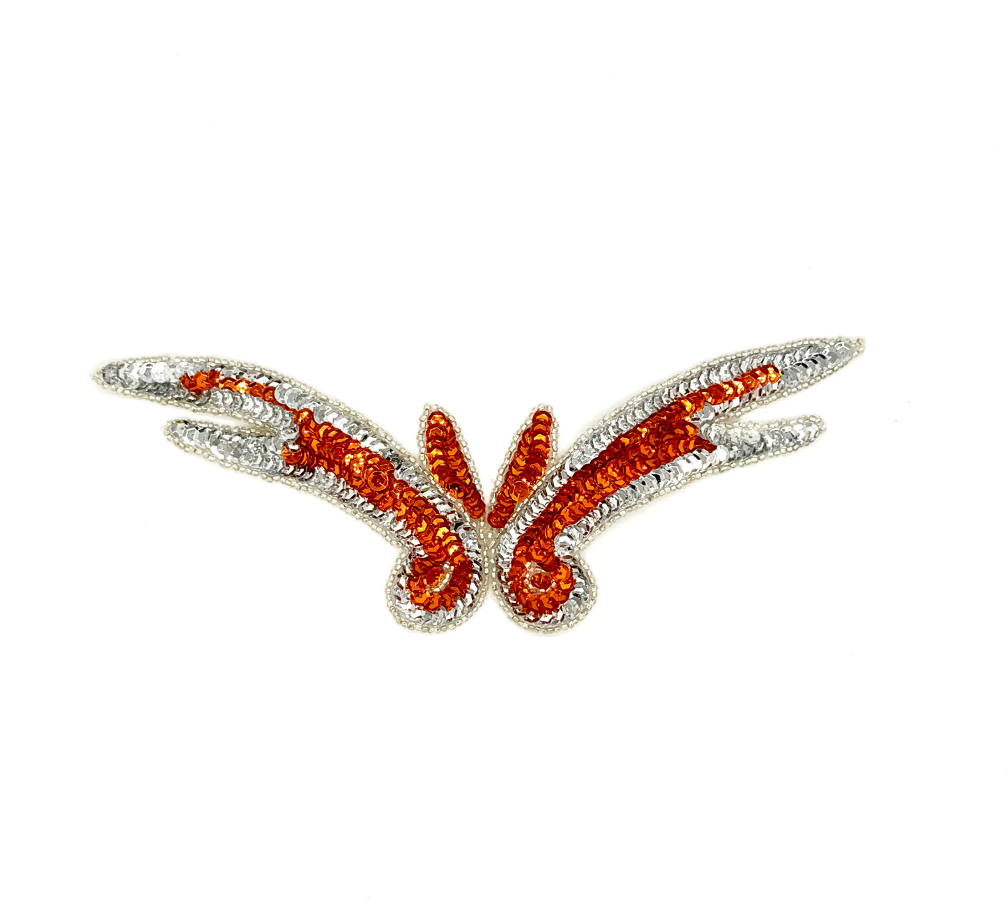 Designer Motif Wing - Orange/Silver Sequins - Silver Beaded Trim 9" x 3"