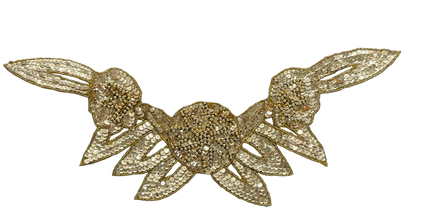 Designer Motif Triple Flower Neckpiece -  Gold Sequins - Glass Beads - Choice of two Designs 17" x 6.5"