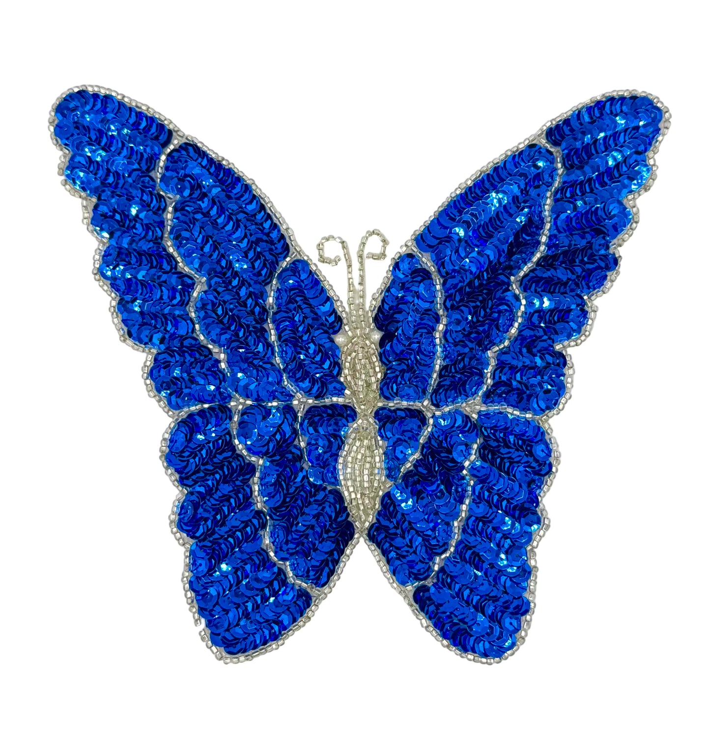 Blue butterfly-shaped patch with sequins on a white background