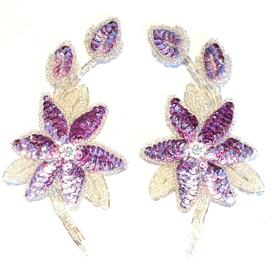 Orchid Pink Sequin Flower Appliqué with Silver Beads – 6" x 3.25"