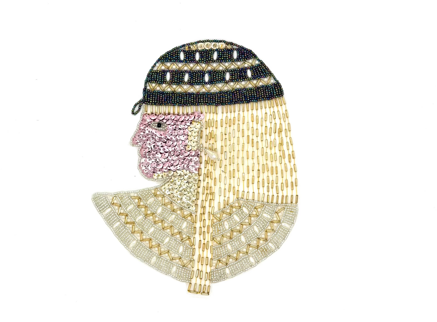 Faraón Egipcio - Lentejuelas/Cuentas - Opción de Sombrero Dorado 8” x 6.75” o Sombrero Luz de Luna 8.75” x 7”