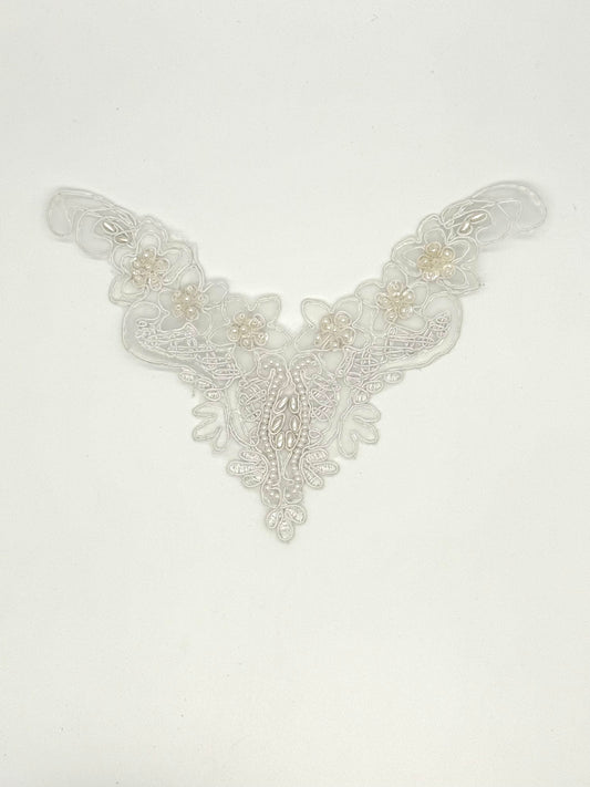 Designer Motif Embroidered Neckpiece - White - Iridescent Sequins - Glass Beads - Pearls 8” x 6”