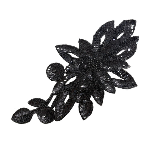 Black Sequin & Bead Floral Appliqué with Leaf Vine 11.5" x 6.5"