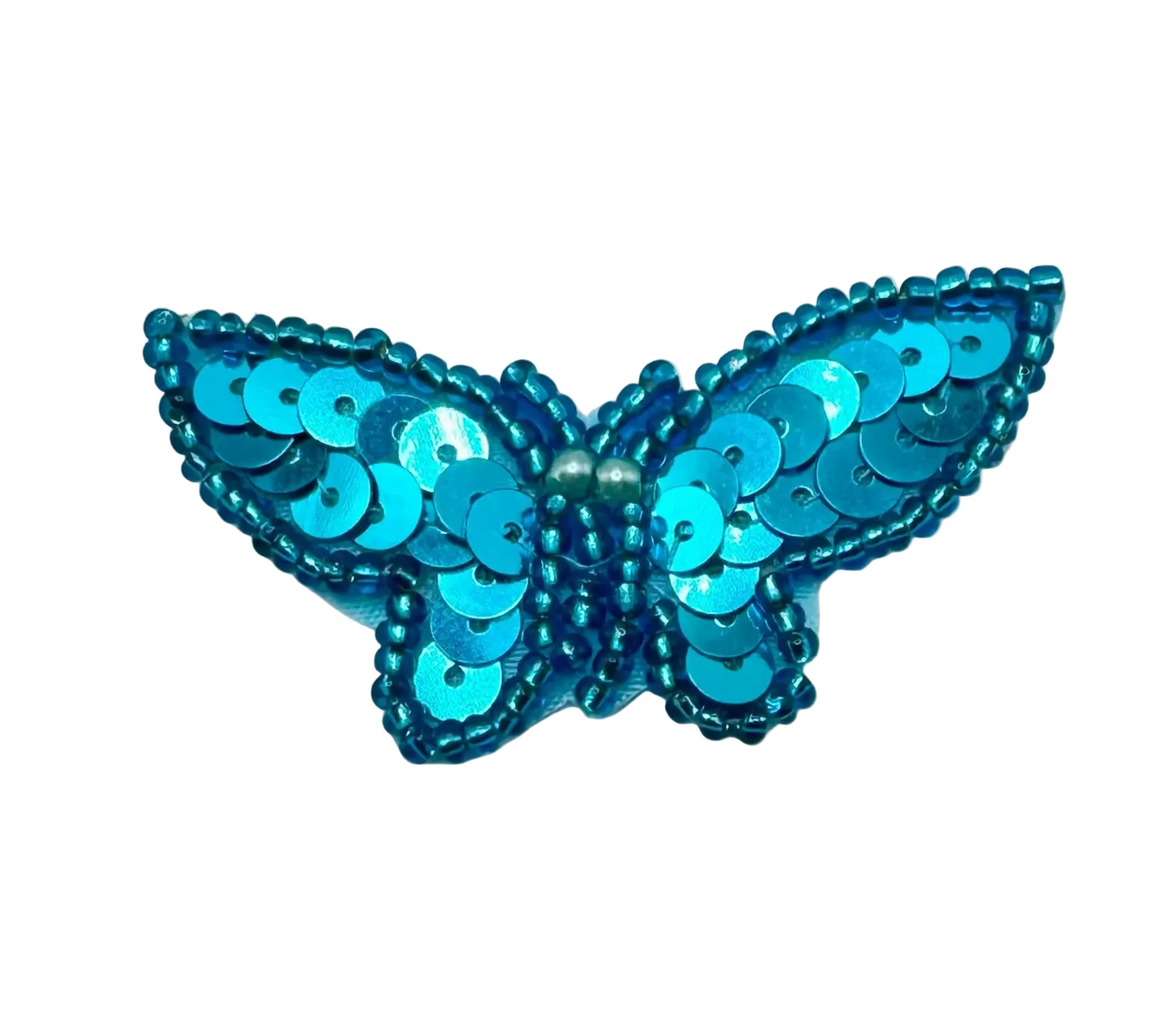 Turquoise butterfly patch with sequins and beads on a white background