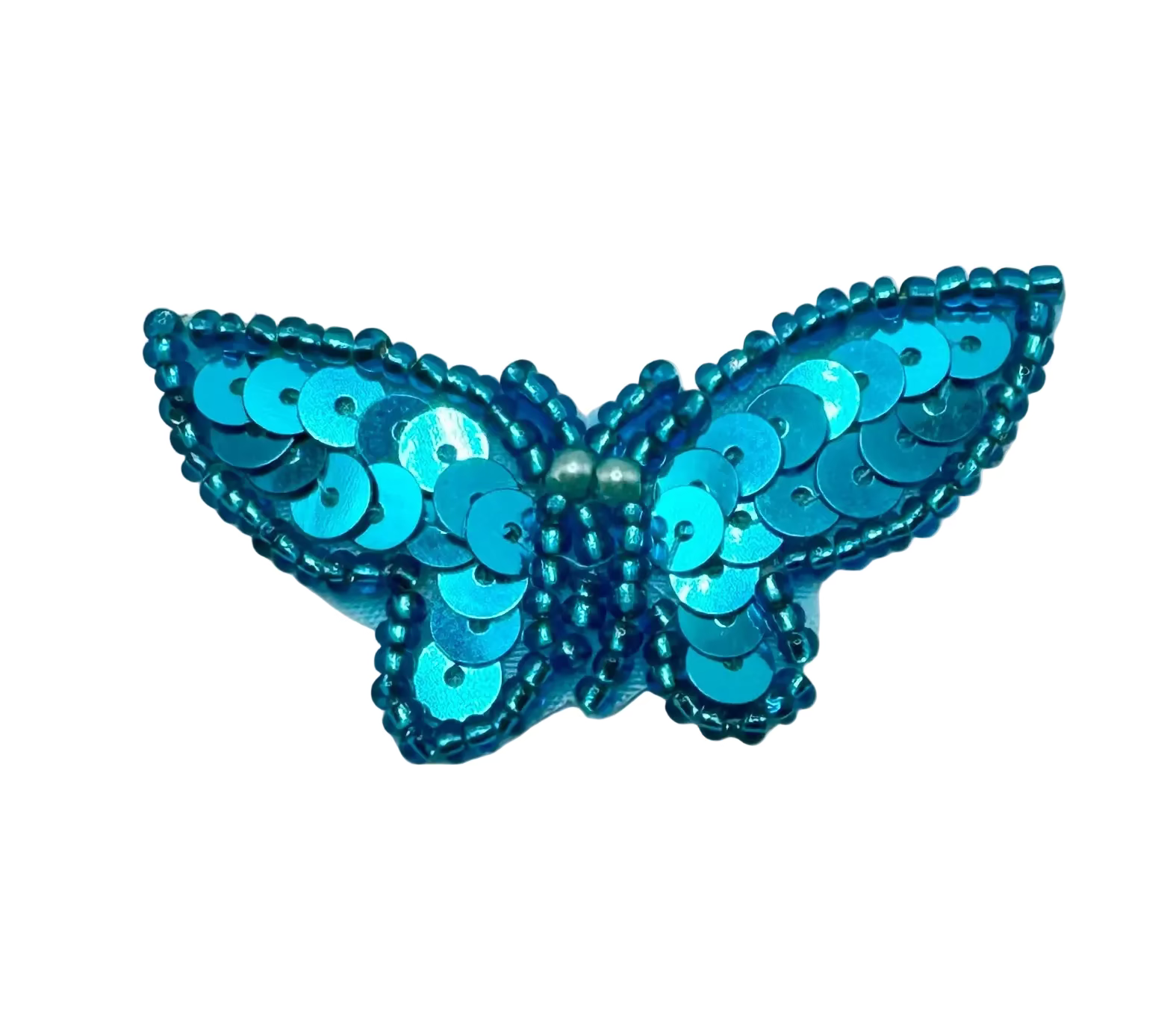 Turquoise butterfly patch with sequins and beads on a white background
