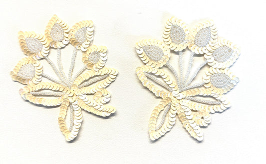 Sequin Flower Appliqué 3" x 3.5" - White Beads with Beige Sequin Leaves, Pair or Single