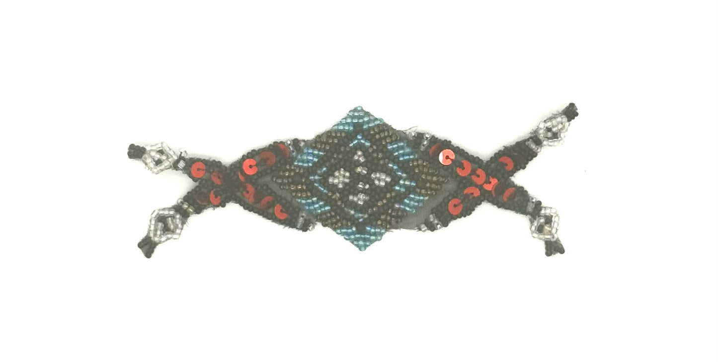 Diseño de motivo de artefacto nativo americano del sudoeste con lentejuelas y cuentas de 14 x 5 cm