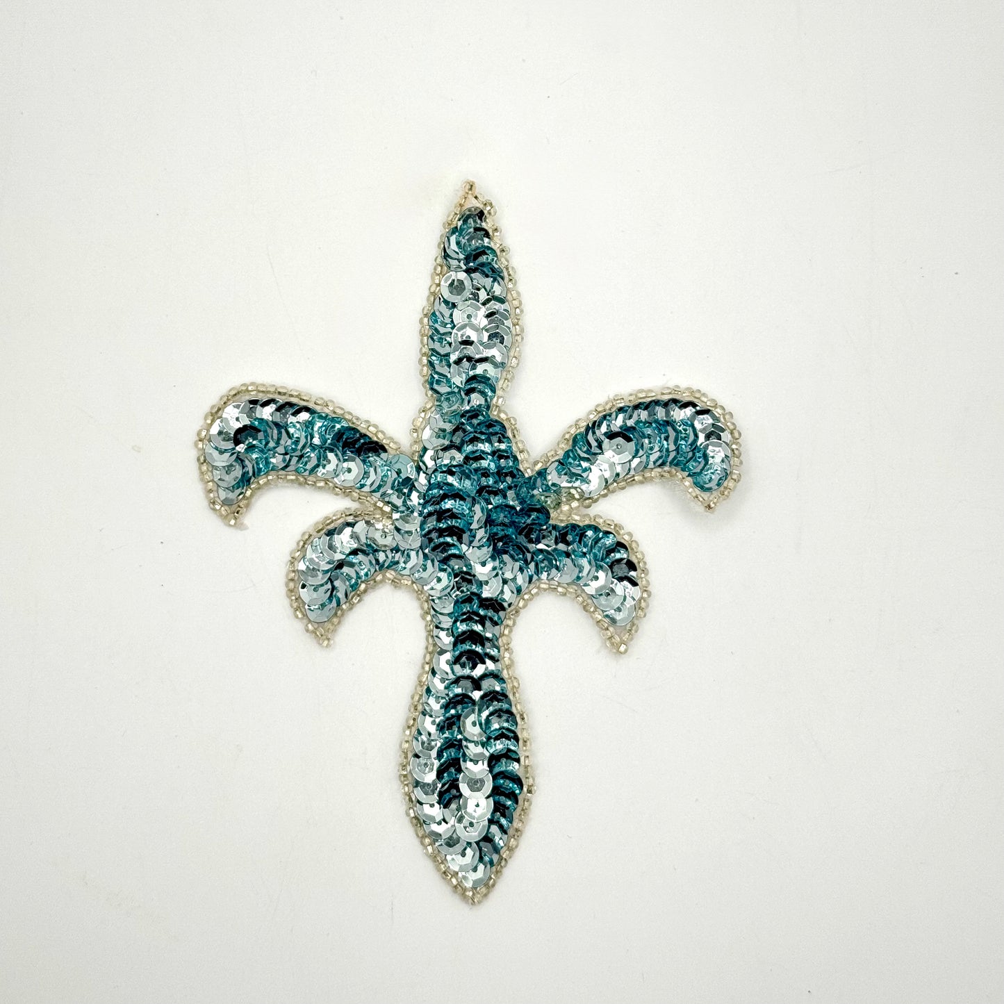 Fleur de lis Ice Blue Sequins and Silver Beads 5" x 4"