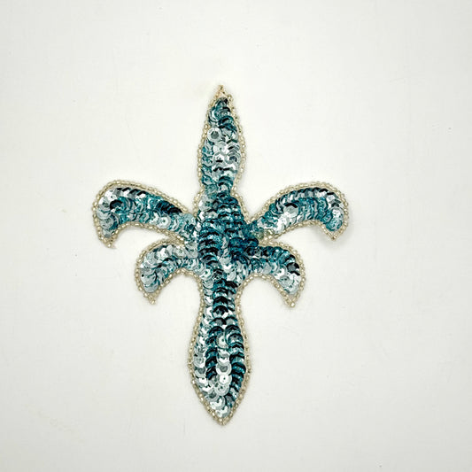 Fleur de lis Ice Blue Sequins and Silver Beads 5" x 4"