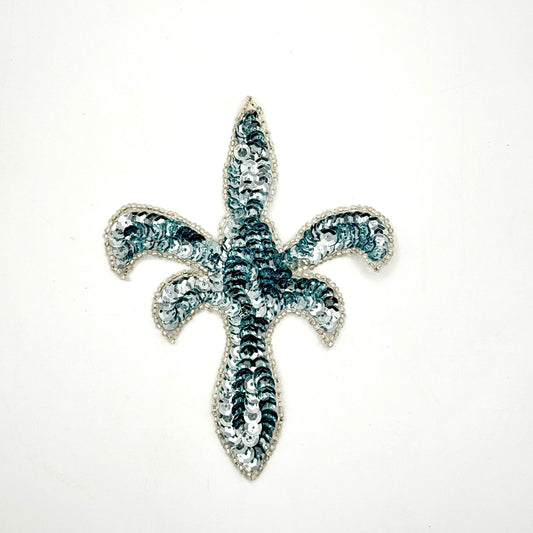 Fleur de lis - Ice Blue Sequins and Silver Beads 5" x 4"