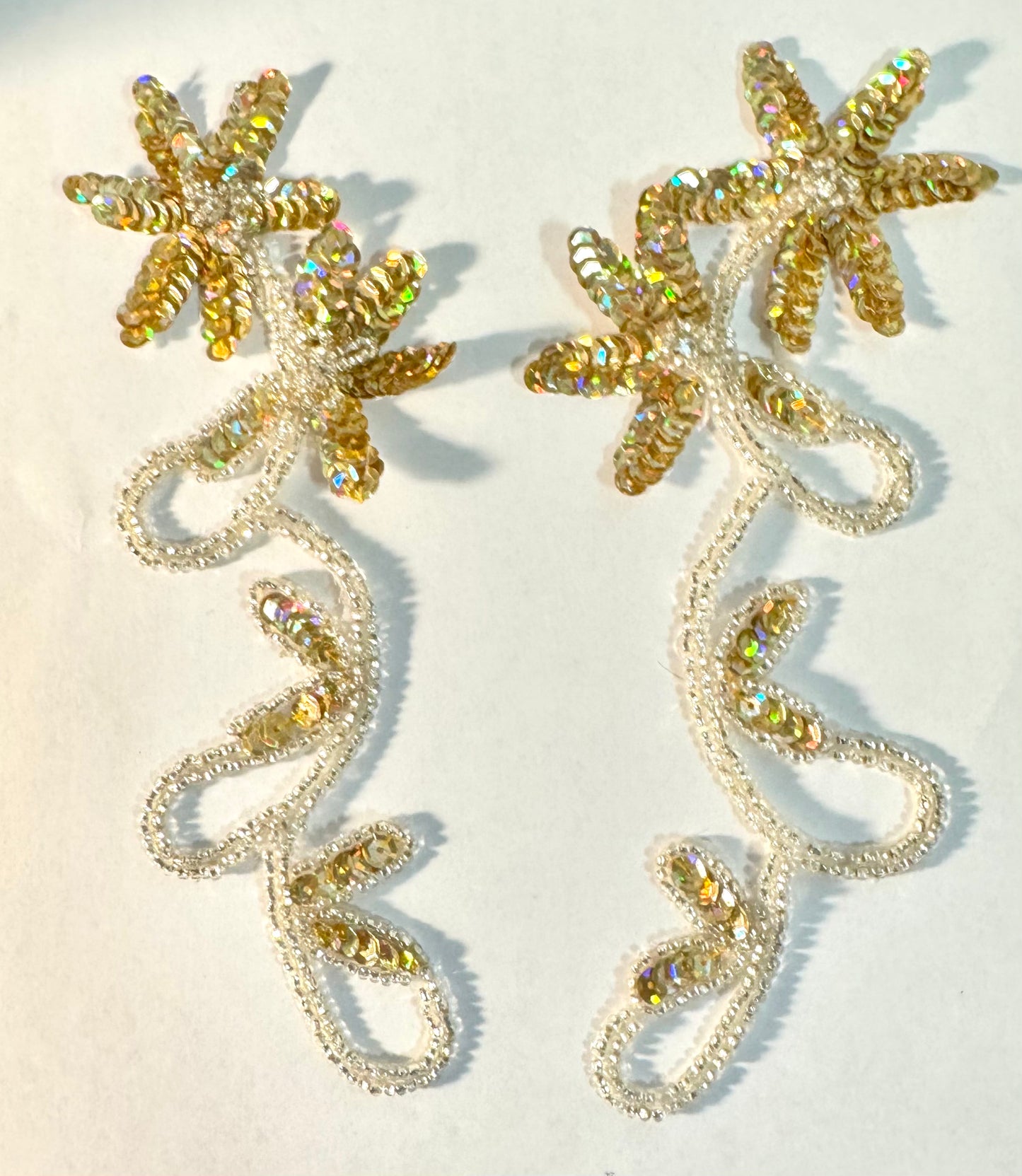 Flower Pair with Gold Laser Sequins and Silver Beads and Rhinestones 8" x 3"￼