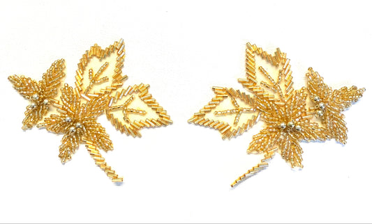 Gold Beaded Leaf Appliqué Pair, 4" x 3"