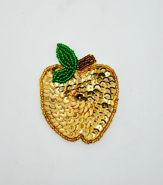 Apple with Gold Sequins and Gold, Green and Bronze Beads 2.5” x 2”