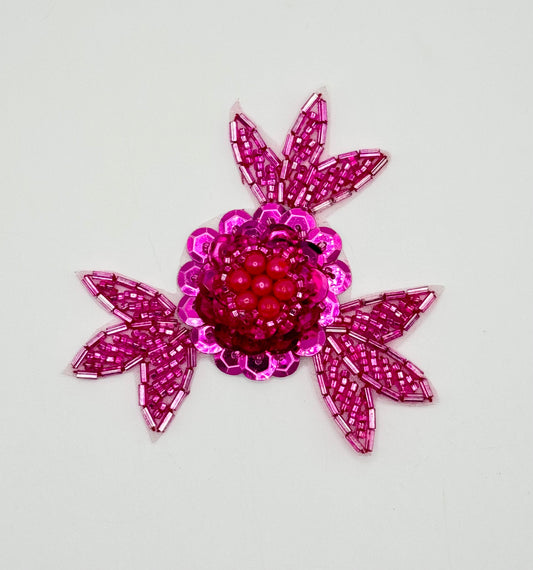 Flower Appliqué with Fuchsia Sequins Beads and Pearls 3"