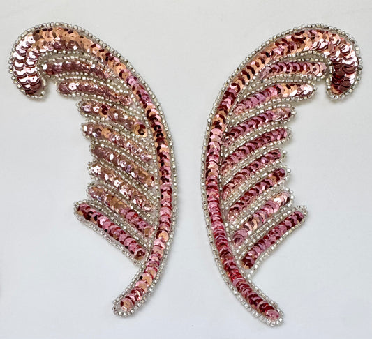 Leaf Pair Appliqués with Pink Sequins and Silver Beads 6" x 2"