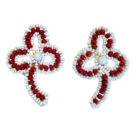 Red & White Seed Bead Flower Appliqué with Pearl Center, Pair or Single, 2 x 1.5 in