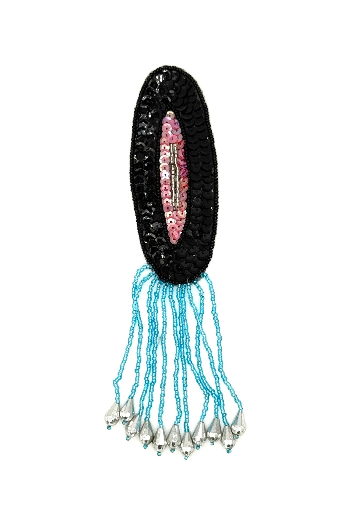 Epaulet - Black/Pink Sequins - Turquoise Beaded Fringe - Silver Gems 8" x 2"