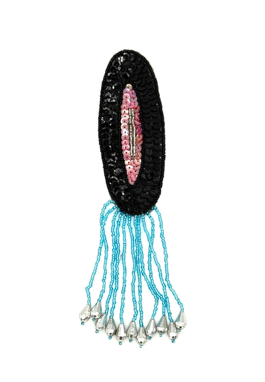 Epaulet - Black/Pink Sequins - Turquoise Beaded Fringe - Silver Gems 8" x 2"
