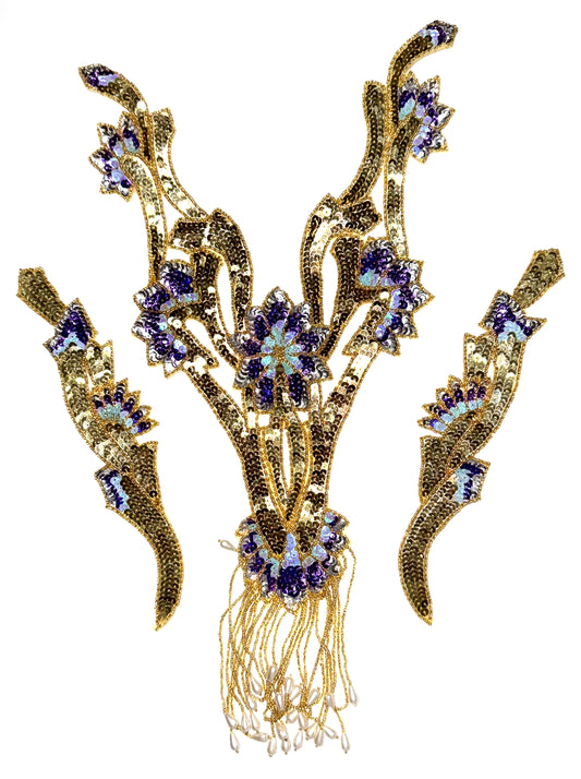 Designer Motif Set of Three with Turquoise Purple Combo on Gold 19" x 10" and 10" x 2"