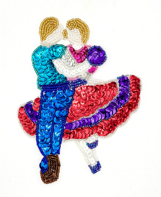 Square Dancing Couple with Multicolored Sequins and Beads Choice of Pink or Red Skirt 5.5" x 5"
